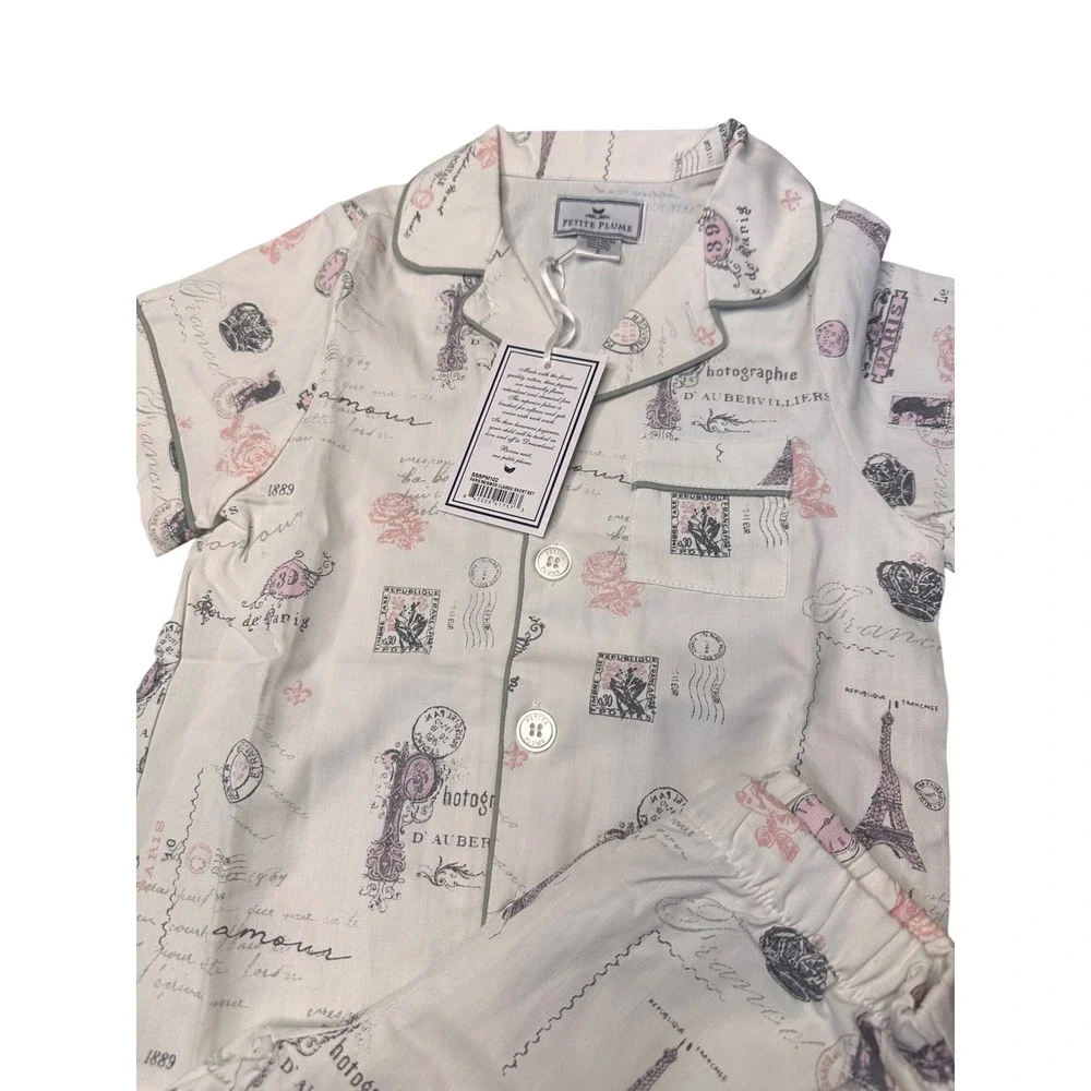 Petite Plume Girls Paris Musings Classic Short Pajama Set White Pink Size 2 NEW